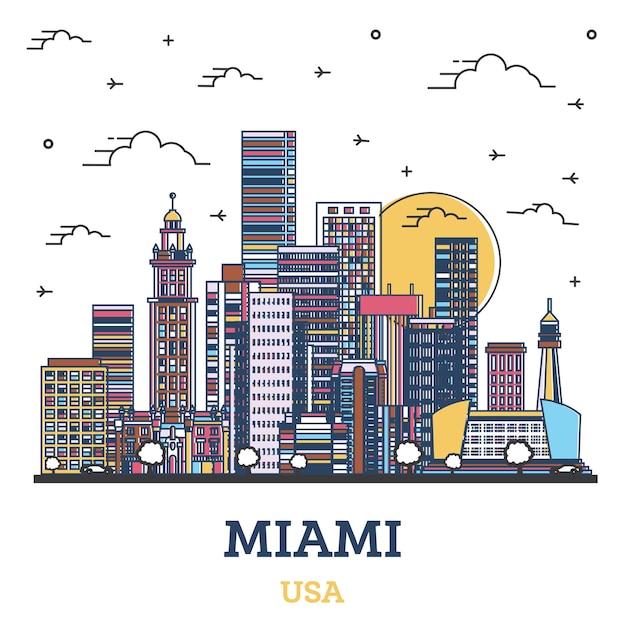 Zarys Panoramę Miasta Miami Na Florydzie Z Kolorowymi Nowoczesnymi Budynkami Izolowanymi Na Białym