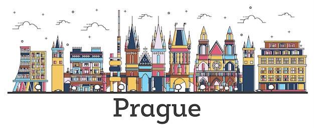 Zarys Panoramę Miasta Praga Czechy Z Budynków Kolor Na Białym Tle. Ilustracja Wektorowa. Praga Gród Z Zabytkami.