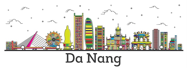 Plik wektorowy zarys panoramę miasta wietnam da nang z budynków kolor na białym tle. ilustracja wektorowa. gród da nang z zabytkami.
