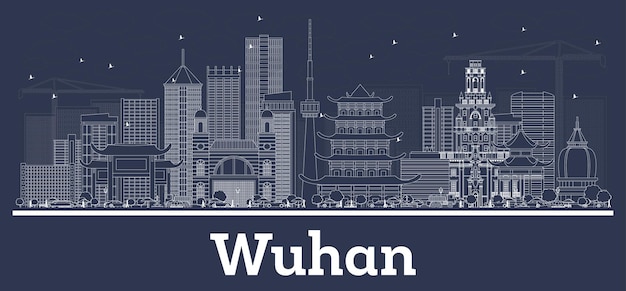 Zarys Panoramę Miasta Wuhan China Z Białymi Budynkami. Ilustracja Wektorowa. Podróże Służbowe I Koncepcja Z Historyczną Architekturą. Gród Wuhan Z Zabytkami.