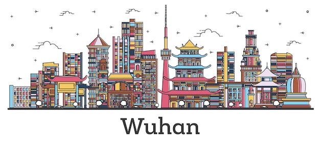 Zarys Panoramę Miasta Wuhan China Z Kolorowymi Budynkami Na Białym Tle Ilustracji Wektorowych Wuhan Cityscape Z Zabytkami