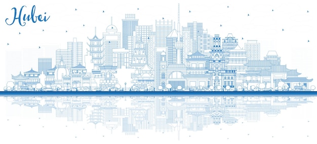 Plik wektorowy zarys prowincji hubei w china city skyline z niebieskimi budynkami i odbiciami