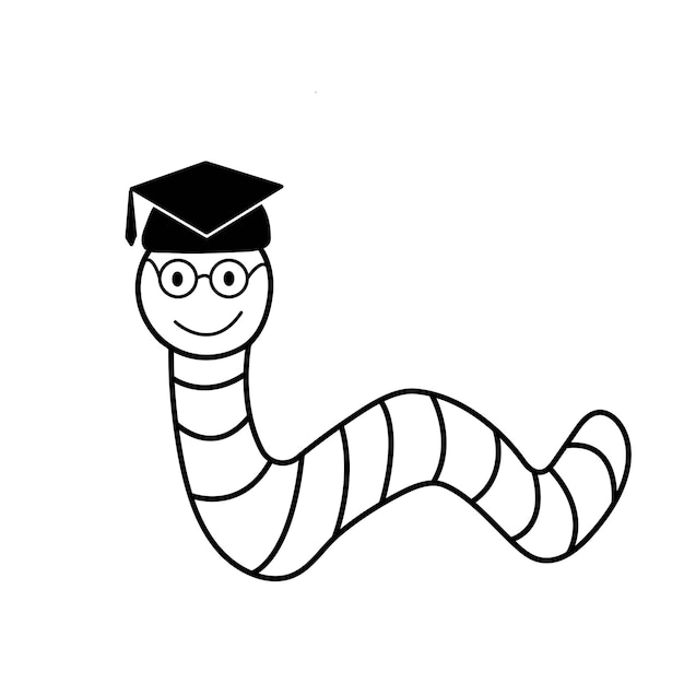 Zarys rysunku słodkiego robaka z kreskówek w kwadratowej akademickiej czapce i krawacie