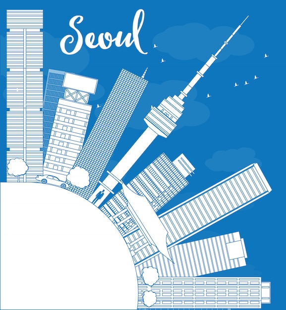 Zarys Seul Panoramę Z Niebieskim Budynku I Przestrzeni Kopii