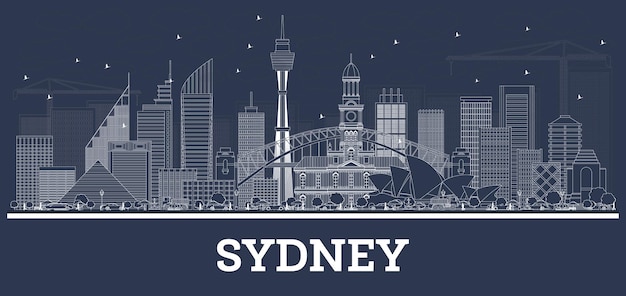 Plik wektorowy zarys sydney australia skyline z białymi budynkami. ilustracja wektorowa. podróże służbowe i koncepcja turystyki z nowoczesną architekturą. gród sydney z zabytkami.