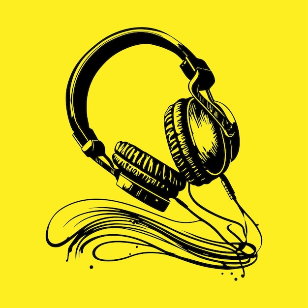 Zarys wektora czarnych słuchawek przewodowych izolowany na żółtym tle Słuchawki ikona logo wektor