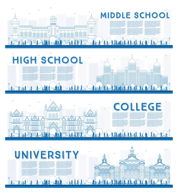 Zarys Zestaw Banerów Badania Uniwersytetu, Liceum I College'u. Ilustracja Wektorowa. Studenci Udają Się Do Gmachu Głównego Uniwersytetu. Baner Z Miejsca Na Kopię.