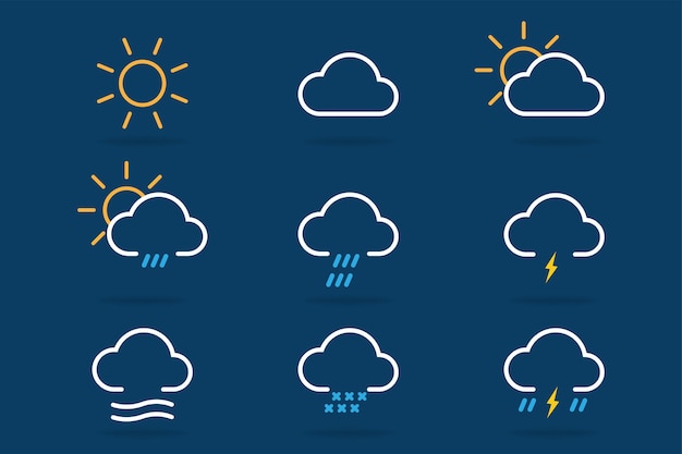 Zarys zestaw ikon pogody. Przejrzyste ikony prognozy. Zarys kolekcji piktogramów pogody. Symbol chmury, słońca, deszczu i wiatru