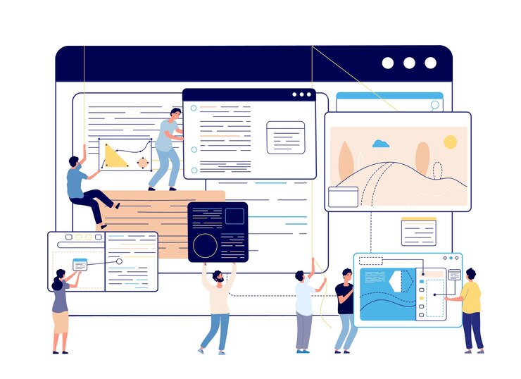Wektor zarządzanie treścią internetową. blog cyfrowy, projektanci mediów społecznościowych i pisarz. ilustracja wektorowa zespołu blogów, nowoczesnej edukacji lub programowania. analiza optymalizacji strony internetowej, personalizacja techniczna