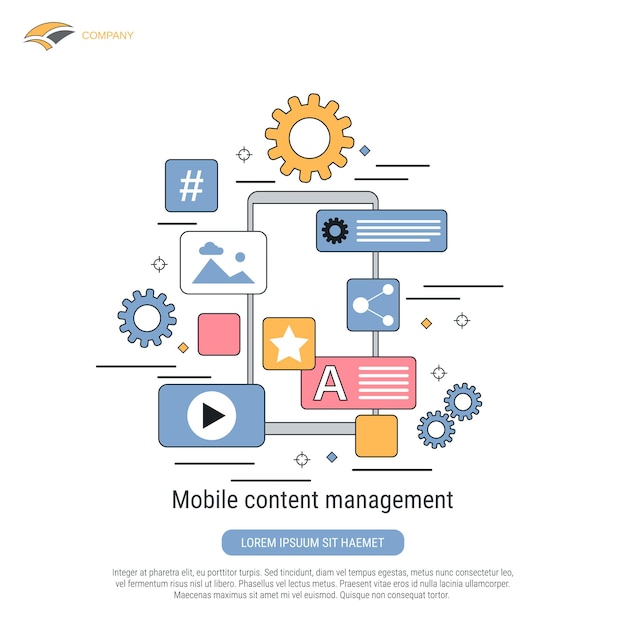 Zarządzanie Treścią Mobilną Płaski Kontur Styl Wektor Ilustracja Koncepcja