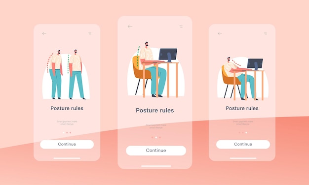 Zasady Postawy Strona Aplikacji Mobilnej Szablon Ekranu Pokładowego Męska Postać Stojąca I Siedząca Przy Biurku Zapobieganie Skoliozie