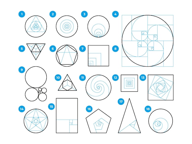 Plik wektorowy zasady złotego podziału harmonia geometrii idealnych proporcji reguła trzeciej i sekwencji fibonacciego sztuka wizualna kompozycja matematyczna zestaw wektorowy