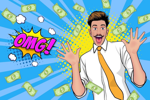 Zaskocz Biznesmena Odnoszącego Sukcesy I Szokującego Stylem Retro Komiksu Falling Money Pop-art