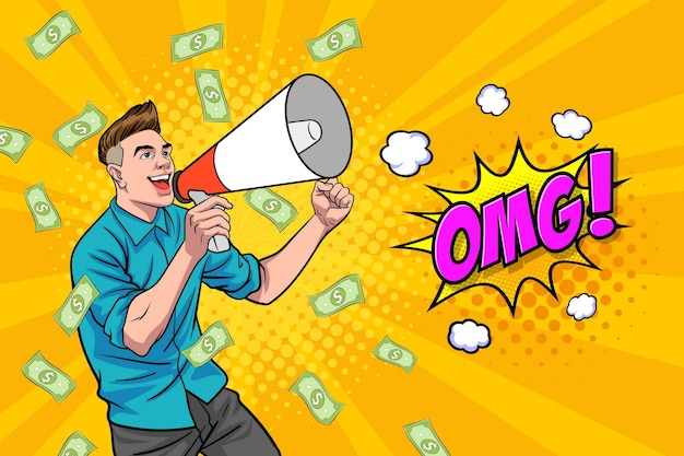 Zaskocz szokującego odnoszącego sukcesy biznesmena z megafonem i spadającymi pieniędzmi Pop-artu w stylu retro komiks