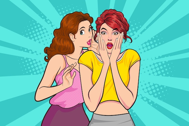 zaskoczona kobieta otwiera usta i wznoszące się ręce krzyczy w komiksowym stylu retro pop-art