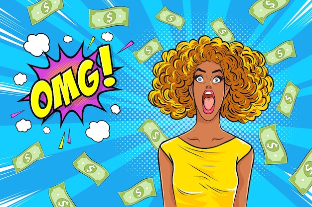 Zaskoczona Twarz Czarnej Kobiety Wow Otwarte Usta Omg I Spadające Pieniądze Kopiują Przestrzeń Pop-art W Stylu Komiksowym
