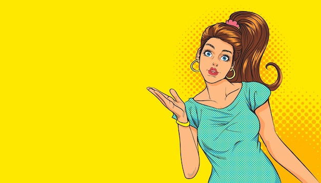 Zaskoczony gest ładnej kobiety przedstawiający coś w stylu komiksów pop-art w tle.