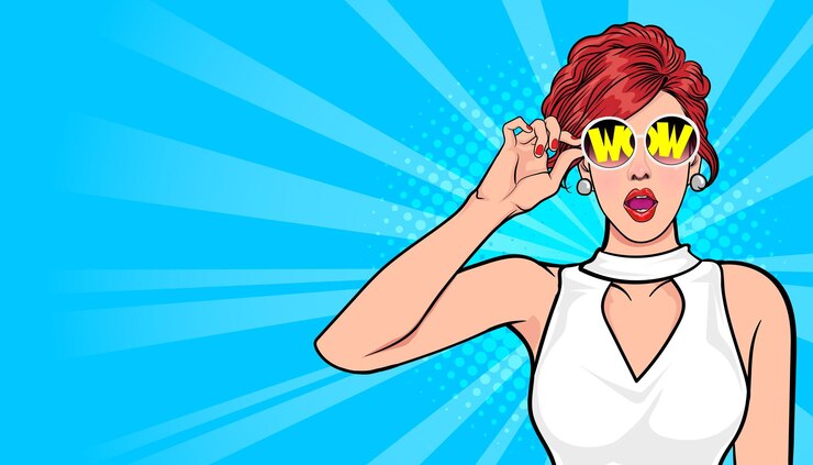 Zaskoczony twarz kobiety wow w okularach z komiksowym stylu retro pop-artu.