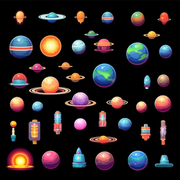 Plik wektorowy zasób gry kosmicznej 8-bitowy pixel art galaxy planety rakiety ilustracja wektora