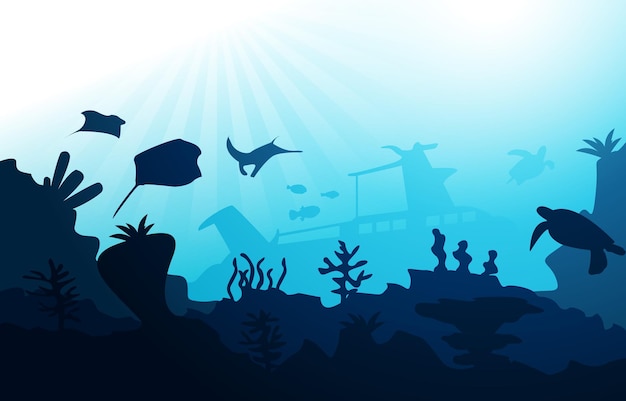 Zatopiony Statek Wildlife Zwierzęta Morskie Ocean Underwater Aquatic Illustration