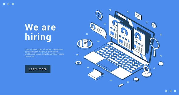 Zatrudniamy usługę agencji rekrutacyjnej online wybierz zasoby ludzkie pracownika z ilustracją wektorową izometryczną strony docelowej transparentu laptopa. Kariera HR biznes promo kandydat na stanowisko