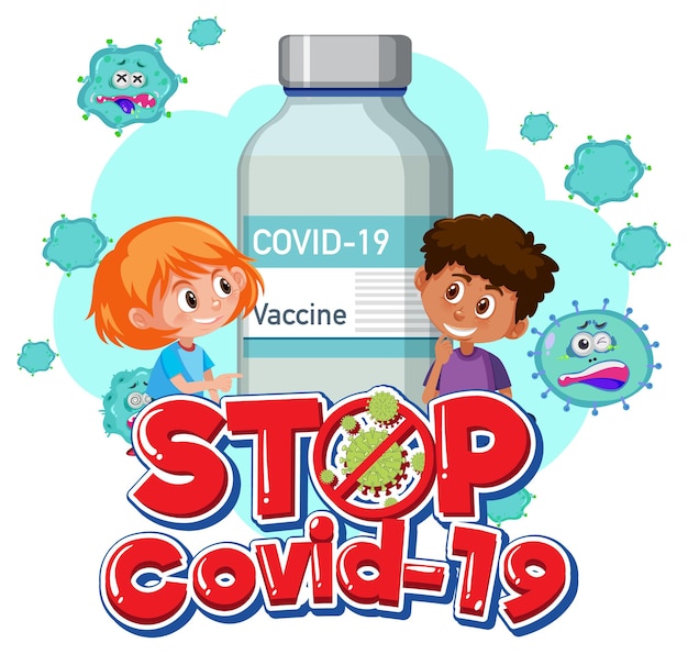 Zatrzymaj Logo Lub Baner Covid-19 Z Postacią Z Kreskówek Dla Dzieci I Butelką Szczepionki Na Covid-19