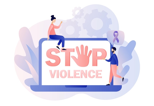 Plik wektorowy zatrzymaj tekst przemocy na ekranie smartfona fioletowa wstążka jako symbol przemocy w rodzinie