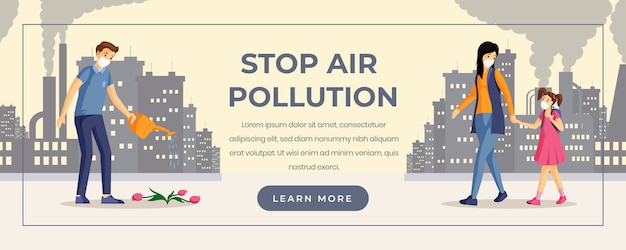 Zatrzymaj Zanieczyszczenie Powietrza Szablon Banner Www. Ochrona środowiska, Zapobieganie Emisji Dwutlenku Węgla, Miejskie Smogy Przemysłowe. Ludzie W Postaci Z Kreskówek Z Respiratorów