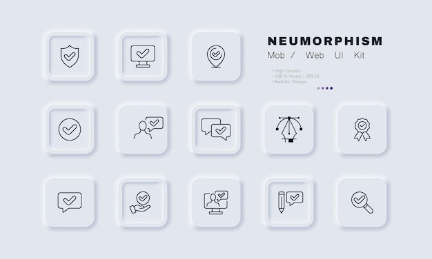 Zatwierdzenie Znaczników Wyboru Zestaw Ikona Tarcza Ochrona Antywirus Mapa Wskaźnik Dymek Nagroda Odznaka Ze Wstążką Wysokiej Jakości Lupa Komputerowa Koncepcja Biznesowa Neomorfizm Wektor Linii Ikona