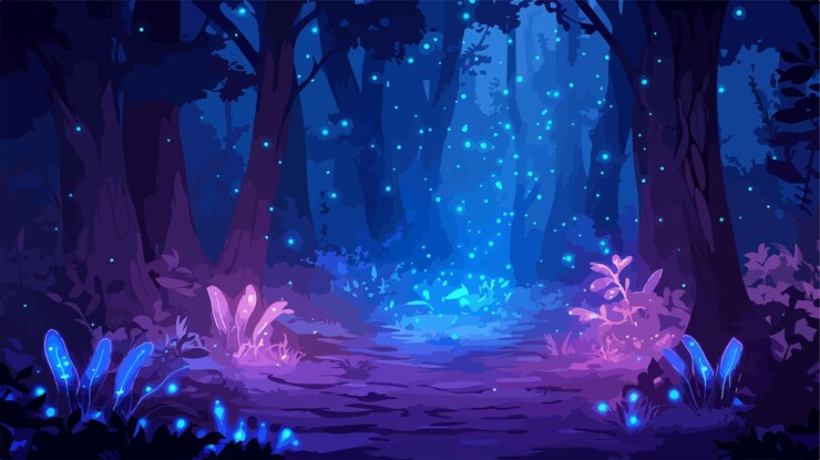 Wektor zauroczony bioluminescencyjny las z roślinami fantazyjnymi