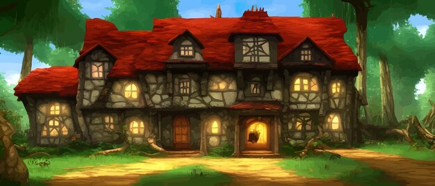 Plik wektorowy zauroczony uroczy dom wróżki w starym lesie ilustracja wektorowa magiczny sen fantasy las z dużym