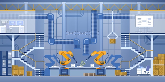 Zautomatyzowana linia produkcyjna w poziomym tle fabryki Manipulatory robotyczne wytwarzające produkty na stanowiskach pracy inżynierów taśm przenośnikowych Abstrakcyjna panorama przemysłowa Ilustracja wektorowa w płaskim stylu