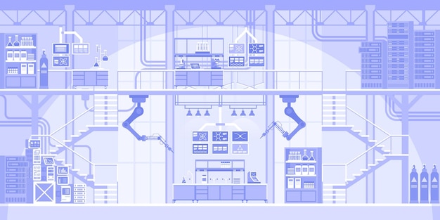 Plik wektorowy zautomatyzowane laboratorium naukowe poziome tło ramiona robotyczne przeprowadzające testy na sprzęcie innowacje badania naukowe z maszynami robotów abstrakcyjna panorama przemysłowa ilustracja wektorowa