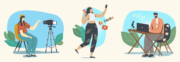 Zawód blogera, vlogowanie w koncepcji Social Media. Vlogerzy postacie męskie lub żeńskie nagrywają wideo w celu przesyłania strumieniowego na żywo w Internecie, nadawania dla obserwujących. Liniowi ludzie wektor ilustracja zestaw