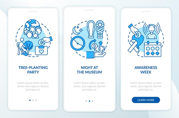 Zbieranie pomysłów na kampanie pieniężne po wprowadzeniu na ekran strony aplikacji mobilnej. Noc w muzeum 3 kroki instrukcje graficzne z koncepcjami. Szablon wektorowy UI, UX, GUI z liniowymi kolorowymi ilustracjami