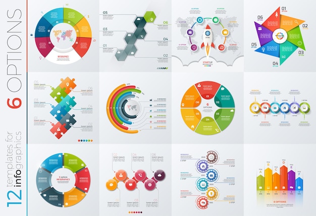 Zbiór 12 Szablonów Wektorowych Do Infografik Z 6 Opcjami Prezentacji, Reklam, Układów, Raportów Rocznych