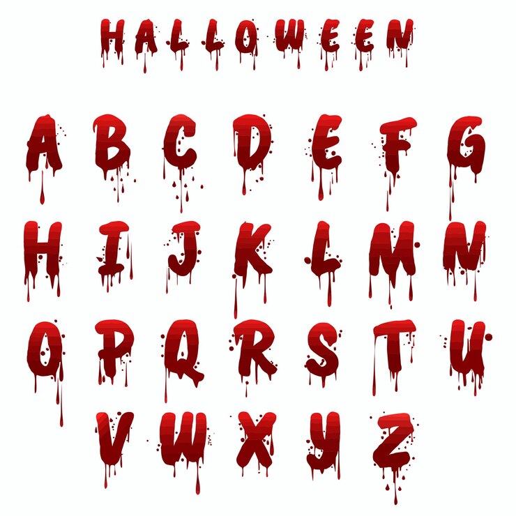 Wektor zbiór czerwonych liter z literami halloween i słowem halloween krwawy alphahalloween