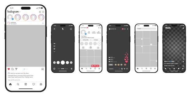 Zbiór ekranów smartfonów wyświetlających interfejsy Instagrama dla postów, opowieści reels