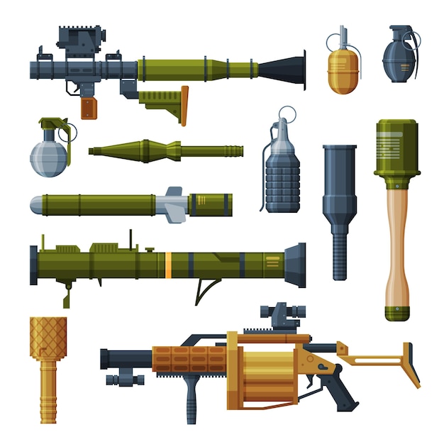Plik wektorowy zbiór granatów ręcznych i bazuk przenośnych wyrzutni rakietowych obiekty broni wojskowej wektorowy rysunek w stylu płaskim