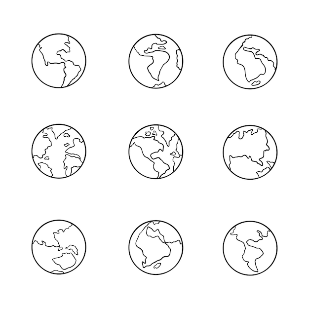 Zbiór ikon linii Earth doodle ręcznie narysowany styl konturowy izolowana ilustracja