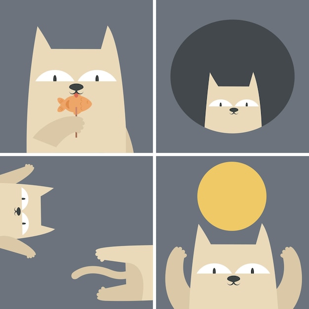 Zbiór Ilustracji Ze śmiesznym Kotem śliczny Zwierzak W Płaskim Stylu