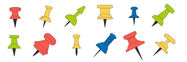 Zbiór kolorowych konturów szpilek Zestaw ikon szpilek Doodle Ręcznie narysowana sztuka wektorowa