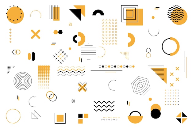 Zbiór kształtów geometrycznych w kolorze żółtym i czarnym na białym tle