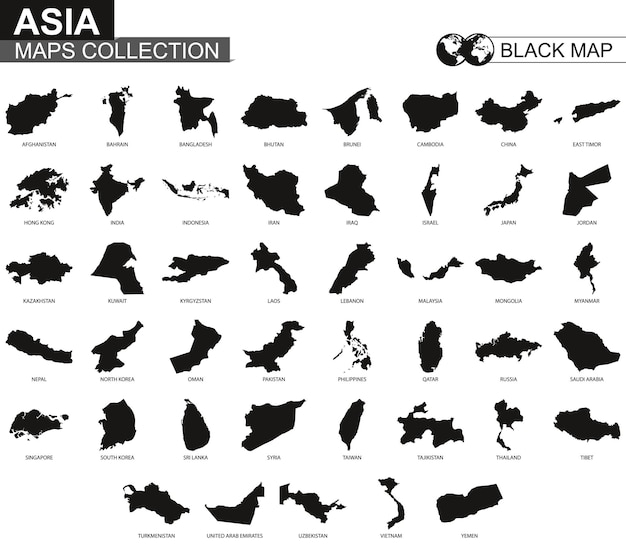 Plik wektorowy zbiór map krajów azji, czarne mapy konturowe azji. wektor zestaw.