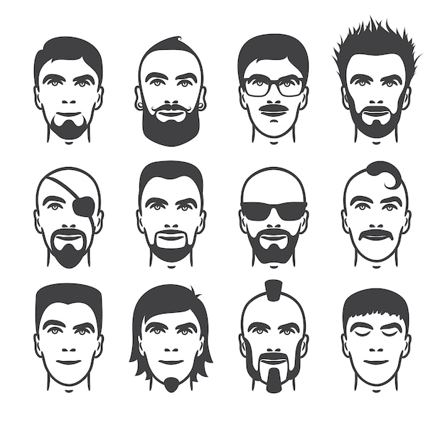 Zbiór portretów mężczyzn w stylu różnych włosów, brody i wąsów z bliska