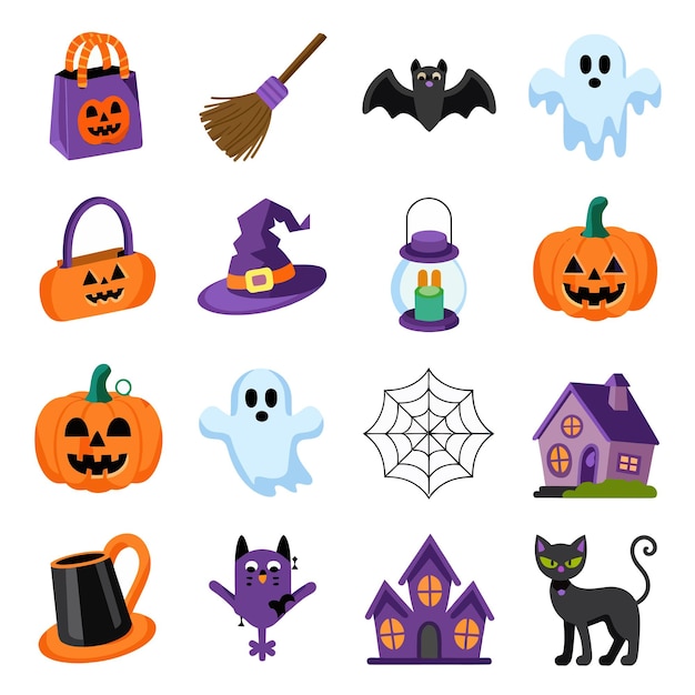 zbiór przedmiotów na Halloween, w tym dyniana czarownica i czarownica