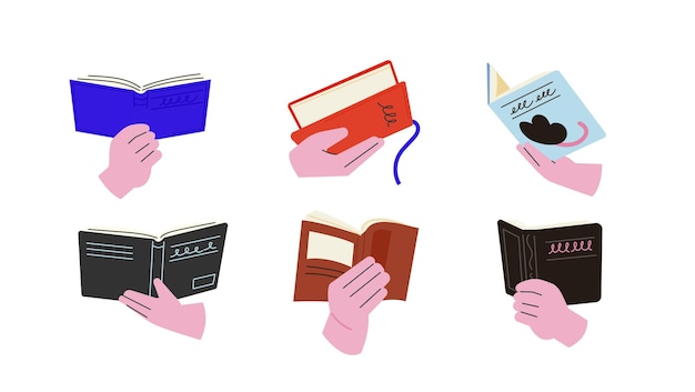 Zbiór rąk trzymających otwartą książkę. ilustracja wektorowa płaskie.