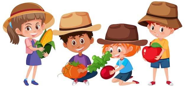 Zbiór Różnych Dzieci Trzymając Owoce Lub Warzywa Na Białym Tle