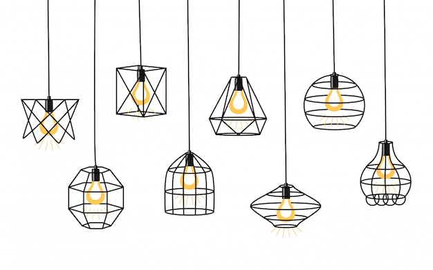 Plik wektorowy zbiór różnych geometryczne lampy loft i abażur żelaza. styl przemysłowy.