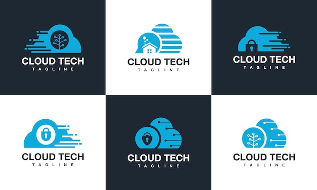 Zbiór szablonów projektowania logo chmury technologicznej elementy ikony chmury cyfrowej techno